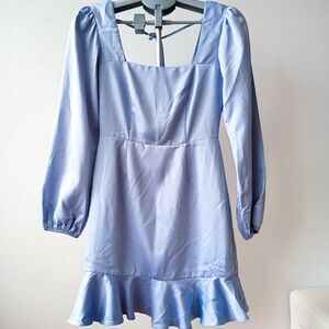 Forever 21 Light Blue Satin Mini Dress S | Long Sleeve Ruffle Hem